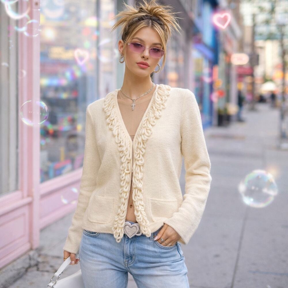 Vintage C.L.O.T.H.E.S. Ivory Fringe 100% Wool Cardigan Sweater Cottage Preppy M